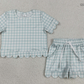 Baby Girls Kids Short Sleeves Plaid Shirt Scallop Shorts Blue Clothes Set RTS