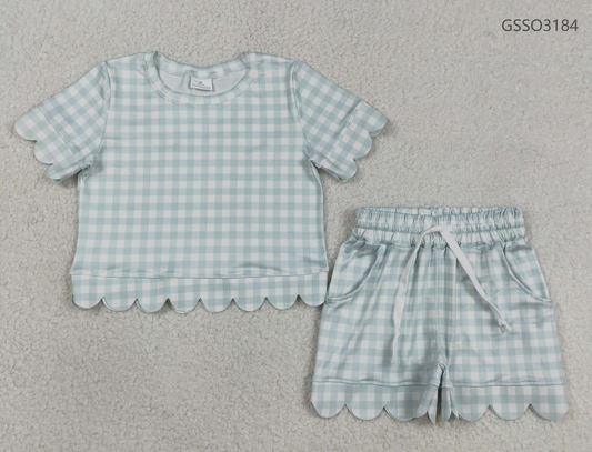 Baby Girls Kids Short Sleeves Plaid Shirt Scallop Shorts Blue Clothes Set RTS