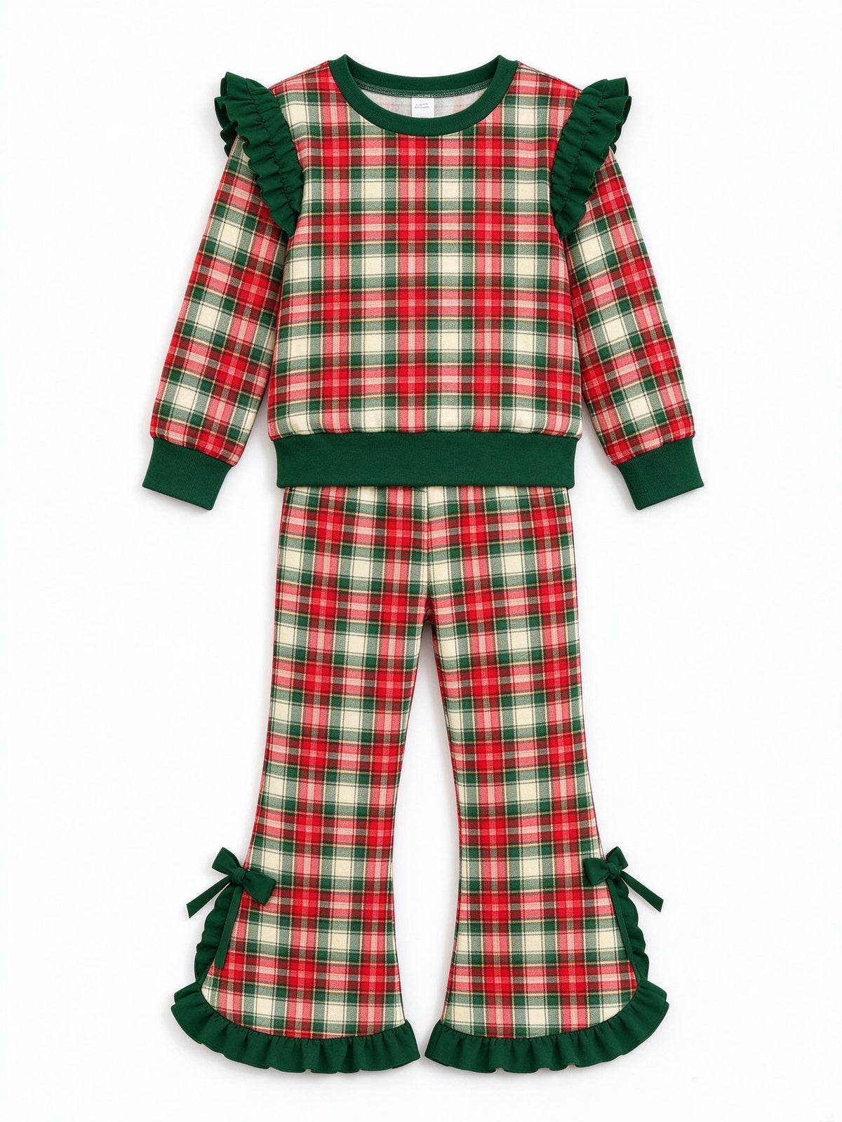 ( Moq 5 ) Preorder Baby Girls Kids Plaid Shirt Bows Ruffle Pants Set Christmas Clothes