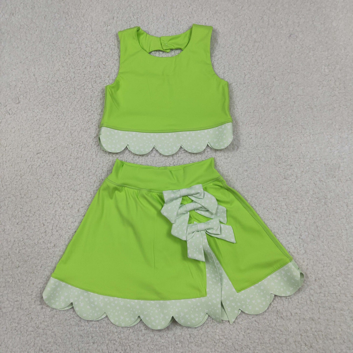 Baby Girls Kids Sleeveless Tops Bows Skirt Shorts Yoga Green Set RTS