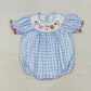 Baby Girl Short Sleeves Embroidery Farm Animals Blue Plaid Bubble Smocked Romper