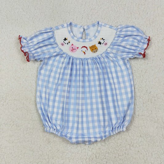 Baby Girl Short Sleeves Embroidery Farm Animals Blue Plaid Bubble Smocked Romper
