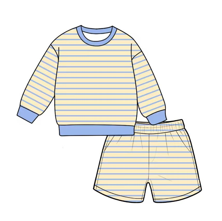 ( Moq 5 ) Preorder Adult Women Long Sleeves Yellow Blue Stripes Shirt Pockets Shorts Yoga Active Set