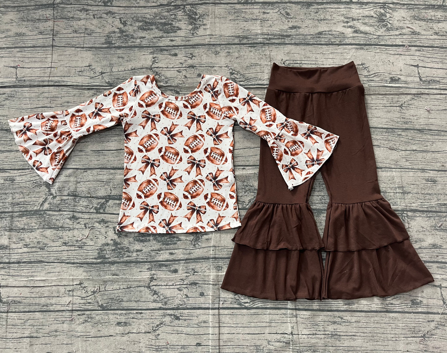 ( No moq ) Preorder Girls Kids Footballs Bows Tops Bell Bottom Pants Team Set