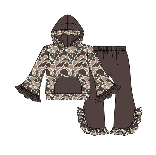 Moq 5 Baby Girl Brown Camo Pocket Hooded Top Ruffle Pants Set