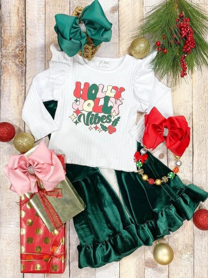 Pre-order Baby Girl Holly Shirt Green Velvet Bell Pants Christmas Clothes Set