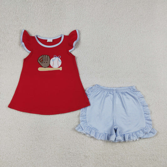 Baby Girls Kids Short Sleeves Embroidery Baseball Bows Red Tops Blue Stripes Shorts Set RTS