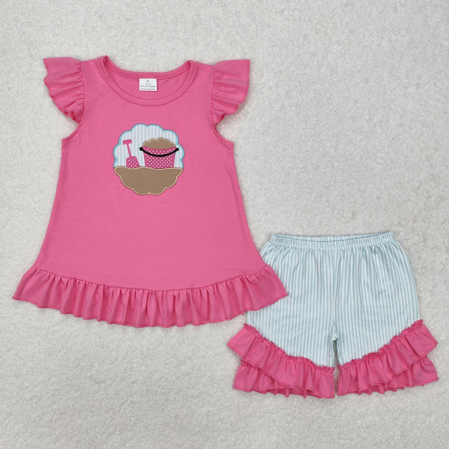 Sibling Baby Girls Kids Short Sleeves Embroidery Beach Shirts Ruffle Shorts Summer Sets RTS