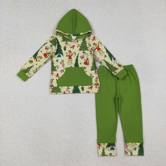 Baby Boy Long Sleeves Green Face Tree Hoodie Pocket Shirt Green Pants Christmas Set RTS