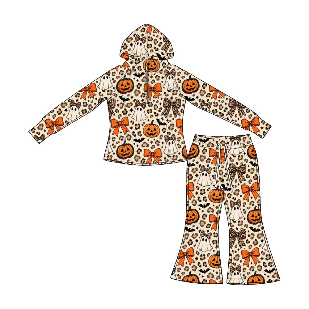 ( Moq 5 ) Preorder Baby Boys Kids Pumpkins Ghosts Bows Leopard Hoodie Zip Shirt Bell Pants Halloween Set Clothes