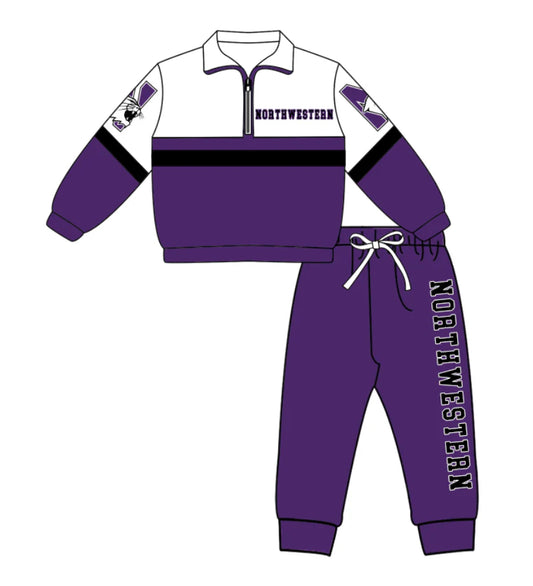 ( Moq 5 ) Baby Boys Kids Long Sleeves Zipper Northwestern Shirt Jogger Pants Team Clothes Set