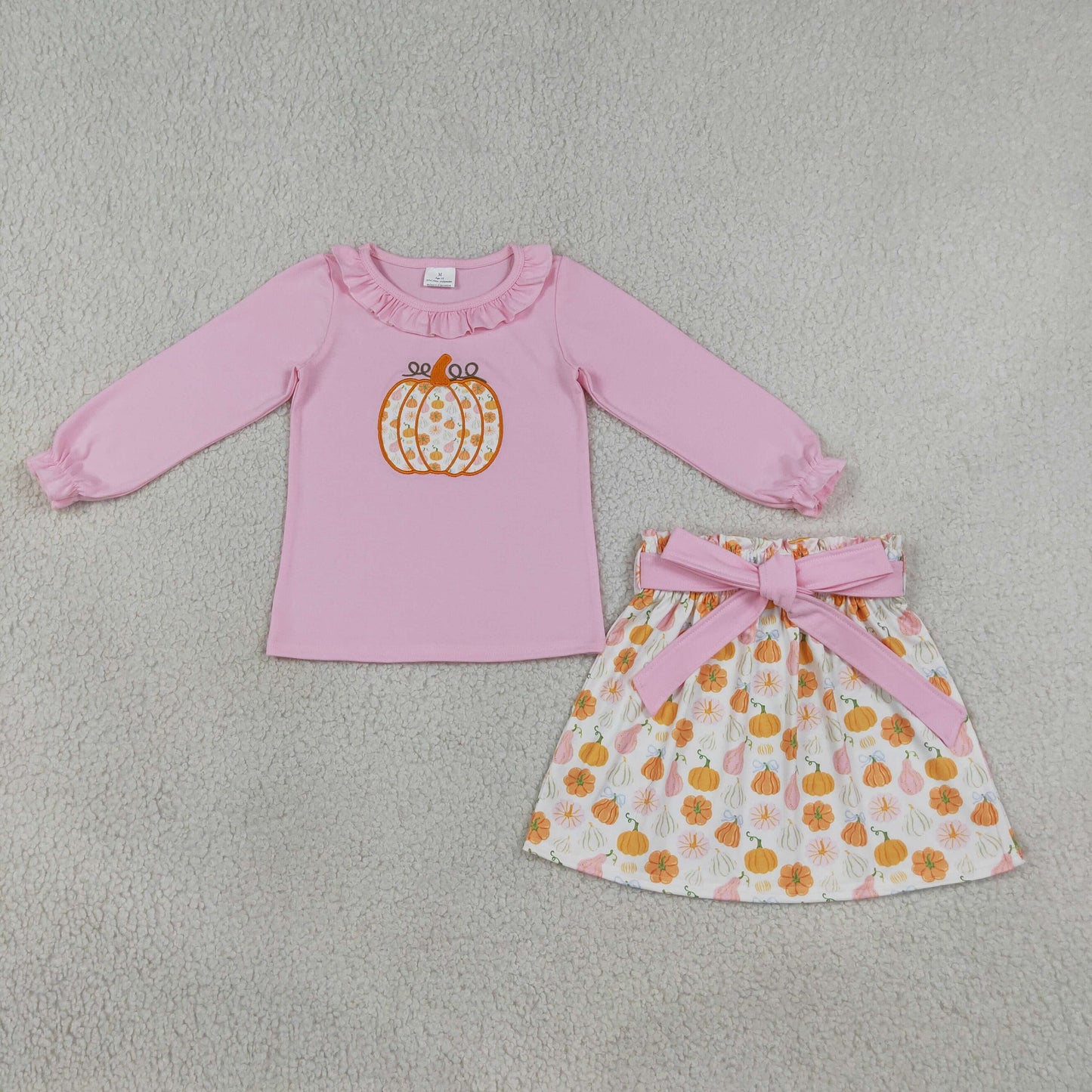 Baby Girls Kids Embroidery Pink Tops Pumpkins Bows Skirt Fall Set Clothes RTS