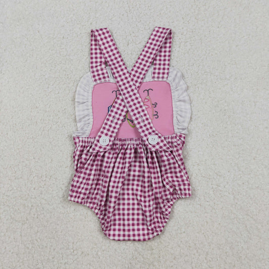 Baby Girls Infant Straps Embroidery Fishing Plaid Ruffle Bubble Romper RTS