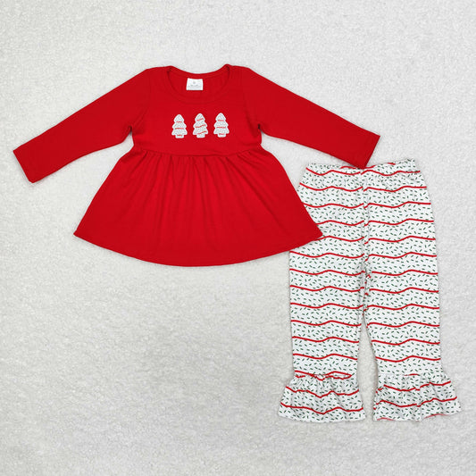 Baby Girl Long Sleeves Christmas Embroidery Tree Cakes Red Tunic Pants Set