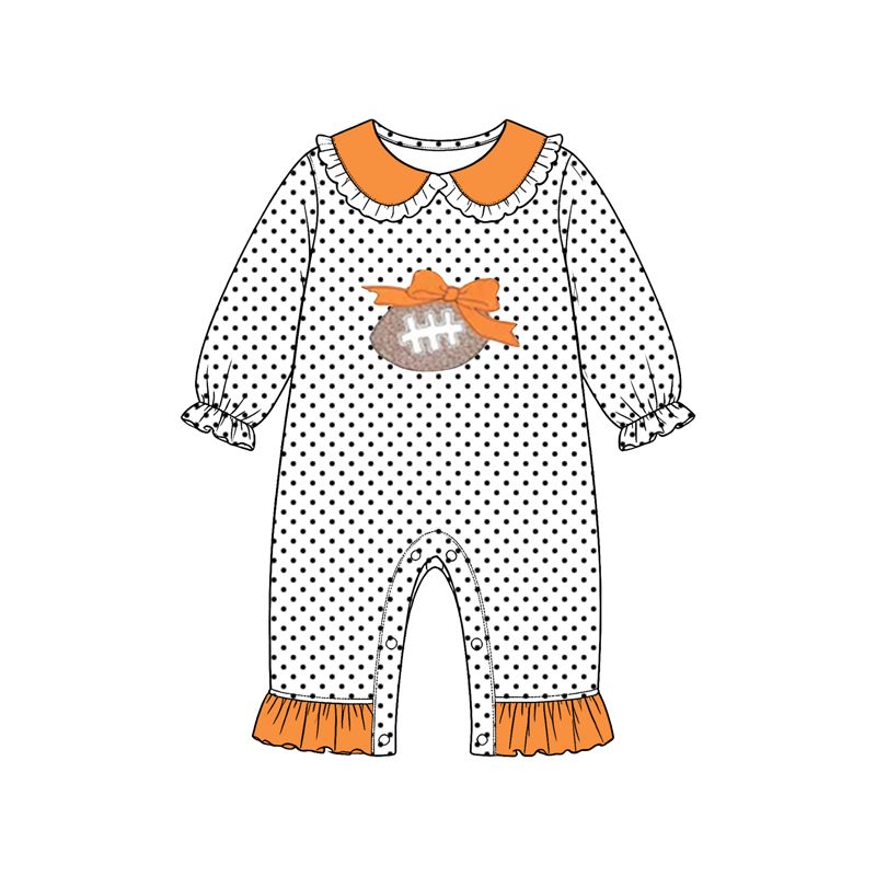 ( Moq 5 ) Preorder Baby Girls Infant Football Bows Orange Ruffle Romper Clothes