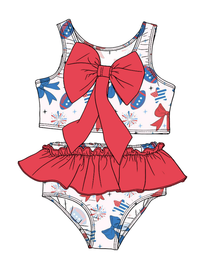 ( Moq 5 Each Style ) Sibling Baby Girls Kids Football Bows Tops Ruffle Shorts Sets 4th of July Swimsuits