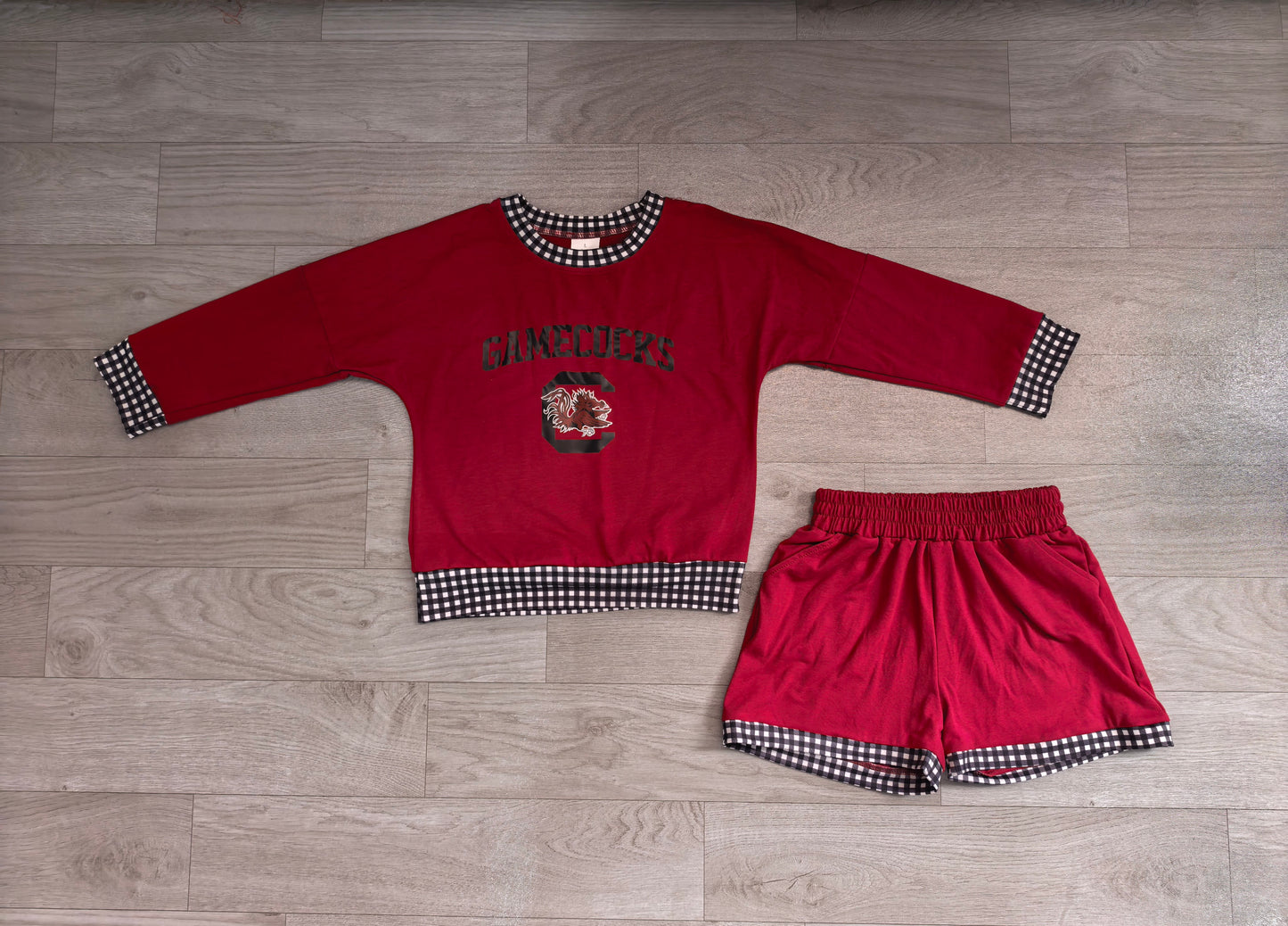 ( No moq ) Preorder Baby Girls Kids Long Sleeves Chicken Shirt Shorts Red Cotton Set Team Clothes