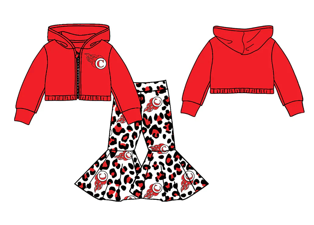 Baby Girl Long Sleeves Team C Red Hoodie Shirt Leopard Pants Clothes Set ( Moq 5 )