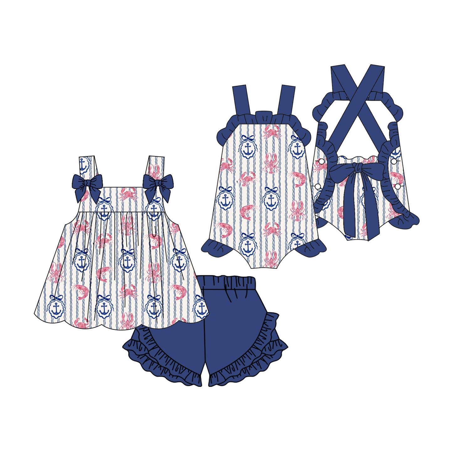 ( Moq 5 Each Style ) Sibling Baby Girls Kids Crayfish Bows Tops Shorts Summer Set Romper