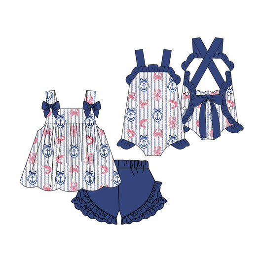 ( Moq 5 Each Style ) Sibling Baby Girls Kids Crayfish Bows Tops Shorts Summer Set Romper