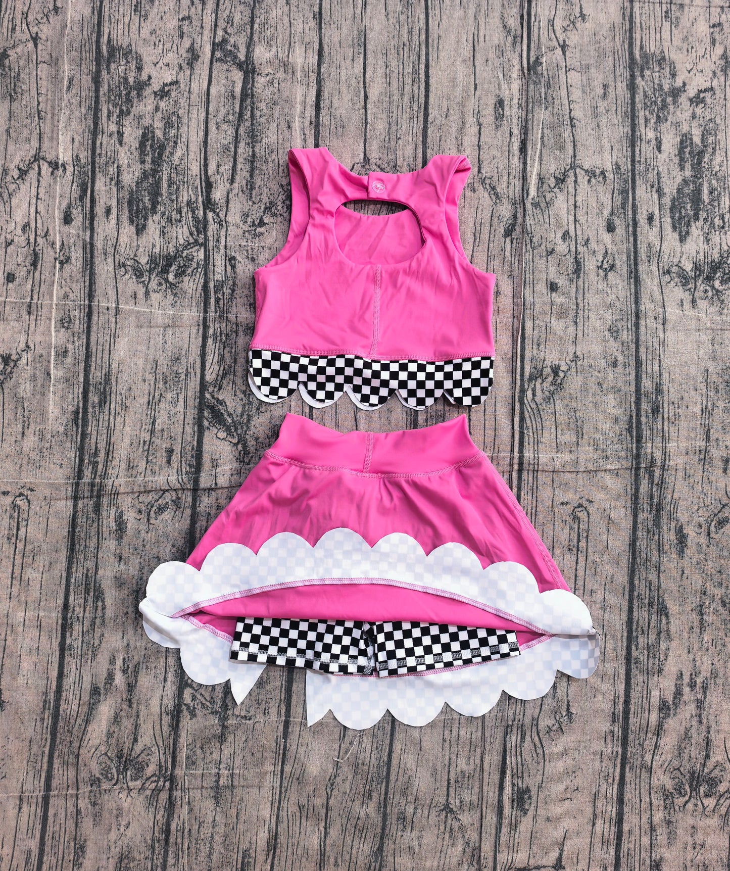 ( No moq ) Preorder Baby Girls Kids Sleeveless Pink Tops Plaid Bows Skirt Shorts Yoga Set Clothes