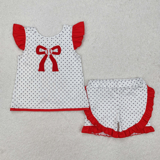 Baby Girl Short Sleeves Embroidery Baseball Bow Tunic Ruffle Shorts Clothes Summer Set