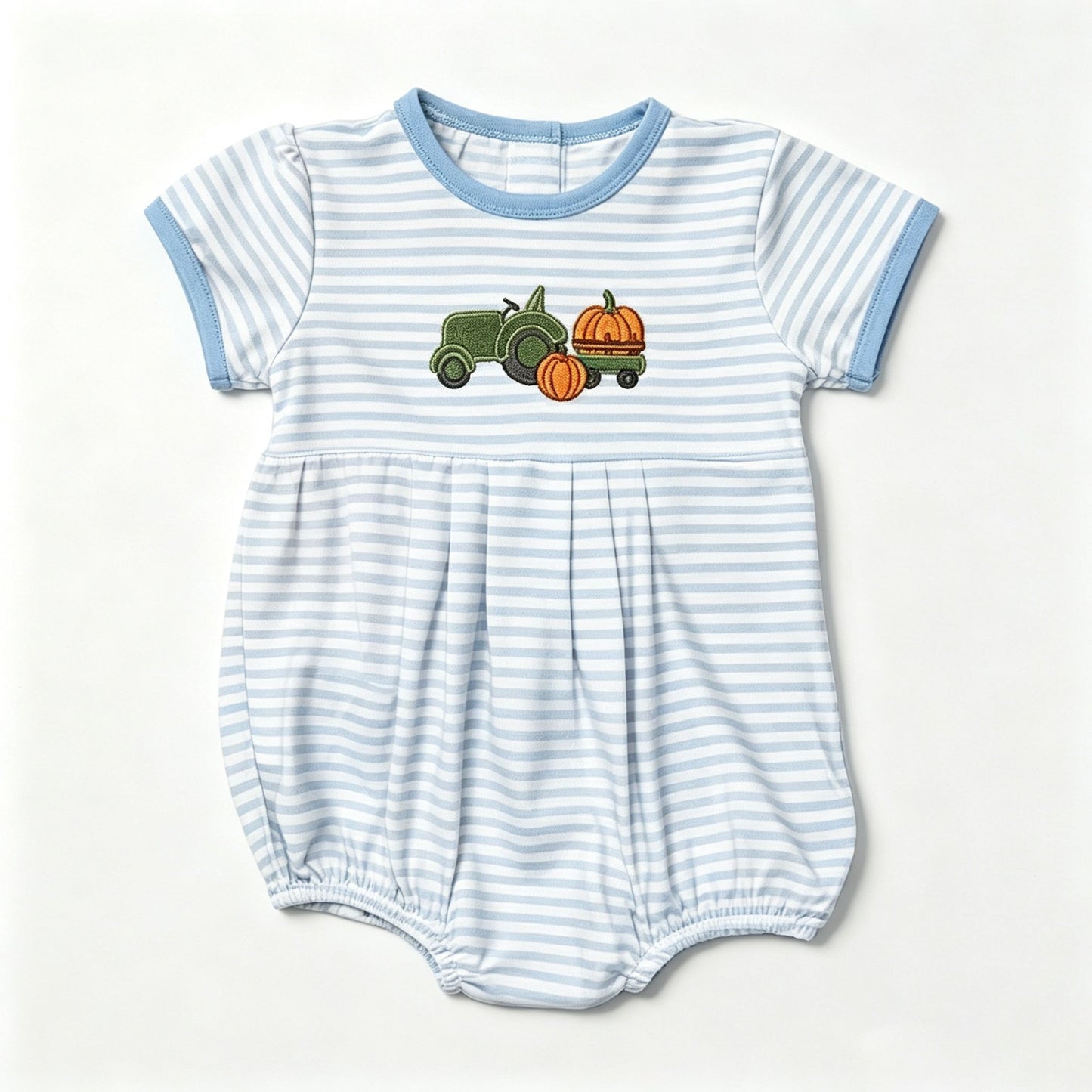 ( Moq 5 ) Preorder Baby Boys Kids Short Sleeves Pumpkin Tractor Blue Stripes Fall Romper Clothes