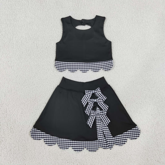 Baby Girls Kids Scallop Shirt Black Plaid Bows Skirt Shorts Set Yoga Active Clothes RTS