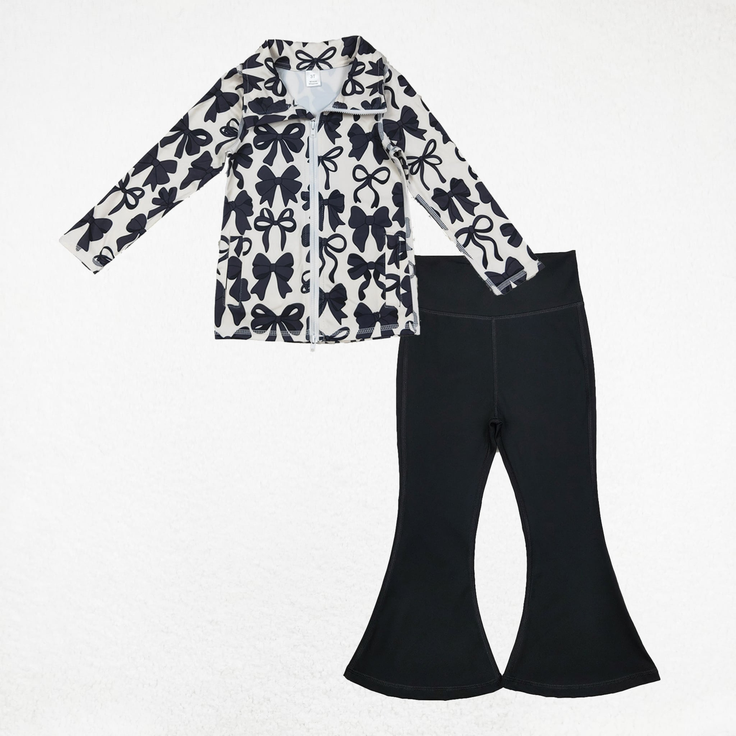 Kids Girls Long Sleeves Black Bows Zipper Pockets Cardigan Bell Pants Yoga Active Set RTS