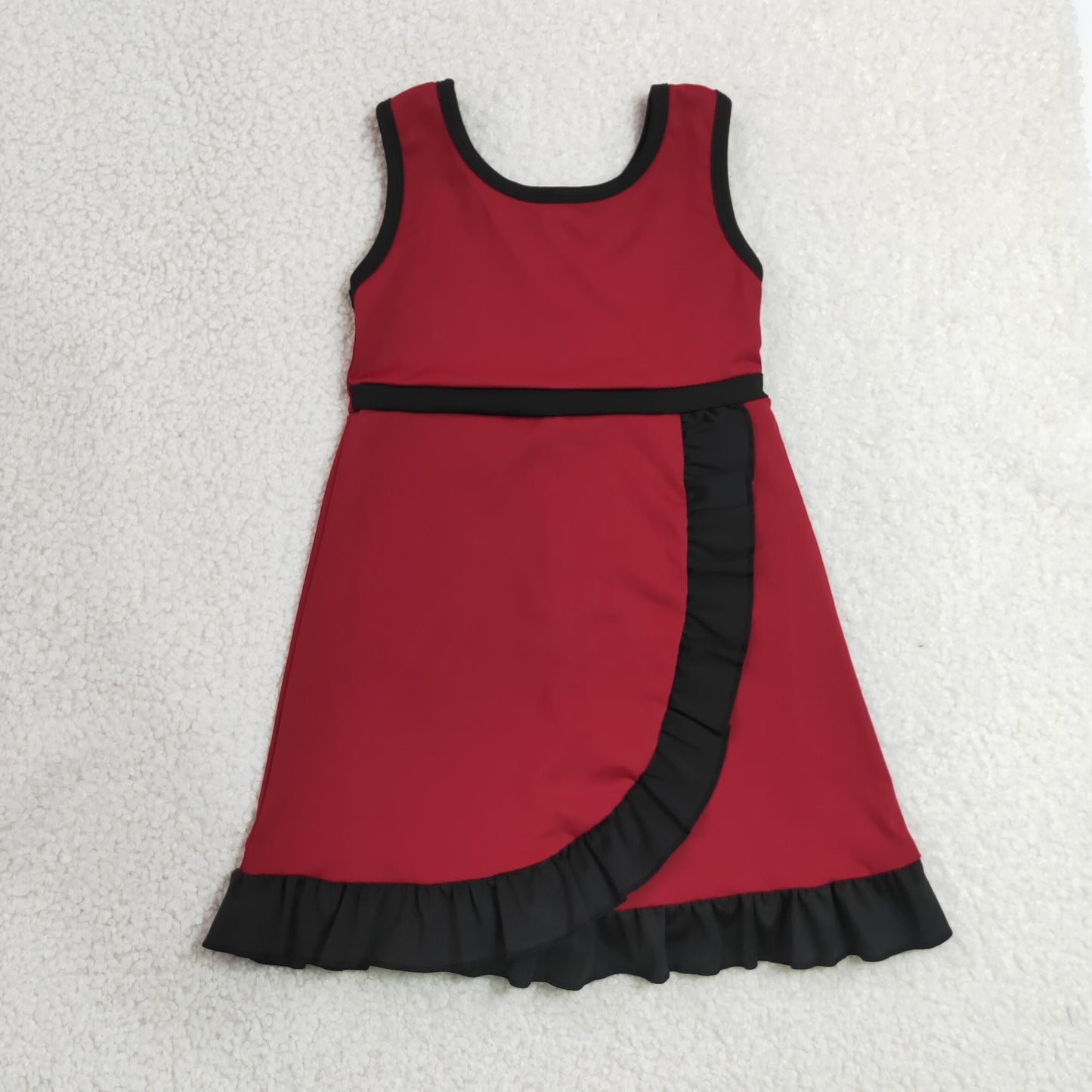 Baby Girls Kids Sleeveless Shorts Knee Length Dark Red Dress Yoga Active Scallop Clothes RTS