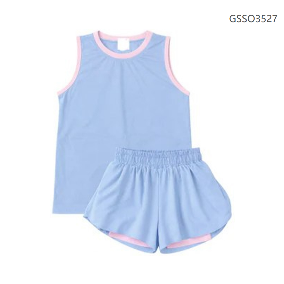( Moq 5 ) Preorder Baby Girls Kids Sleeveless Blue Tops Ruffle Shorts Set Yoga Active Clothes