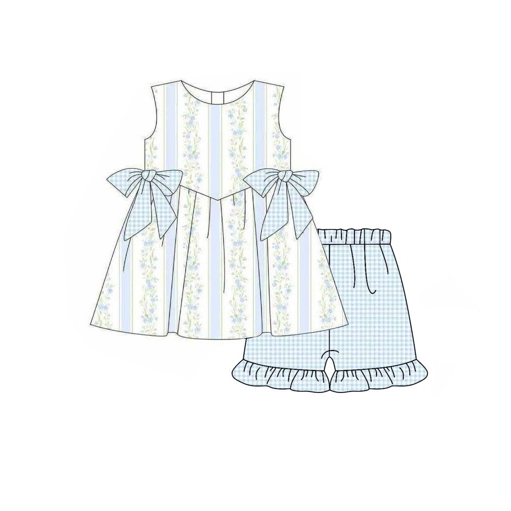( Moq 5 )  Preorder Baby Girl Sleeveless Bows Flower Tunic Blue Plaid Shorts Set Summer Clothes