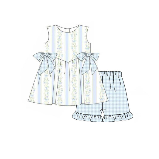( Moq 5 )  Preorder Baby Girl Sleeveless Bows Flower Tunic Blue Plaid Shorts Set Summer Clothes