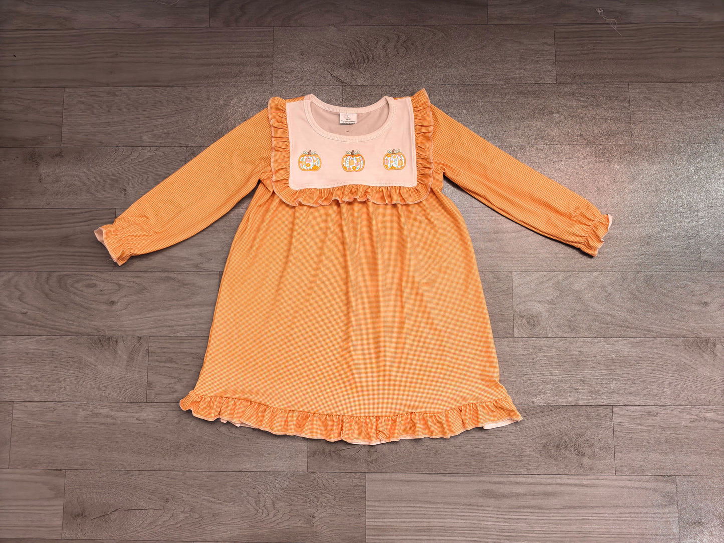 ( No moq ) Preorder Baby Girls Kids Embroidery Pumpkins Plaid Knee Length Fall Dress Clothes