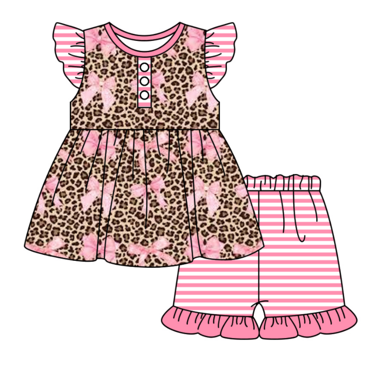 Baby Girl Short Sleeves Bows Leopard Sibling Romper Dress Clothes Set ( Moq 5 Each Design )