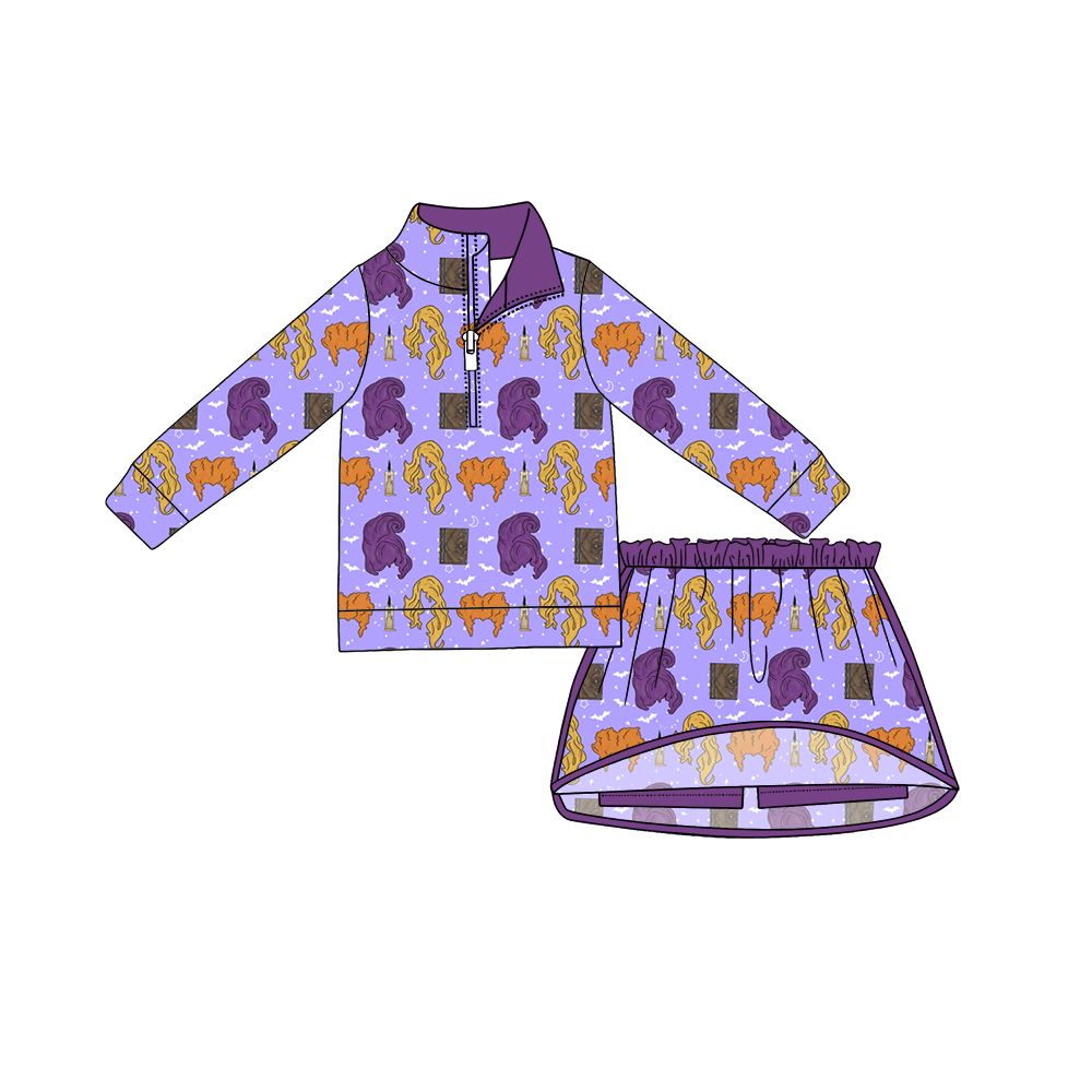 ( Moq 5 ) Preorder Baby Girls Kids Long Sleeves Zipper Shirt Skirt Shorts Halloween Set Purple Clothes