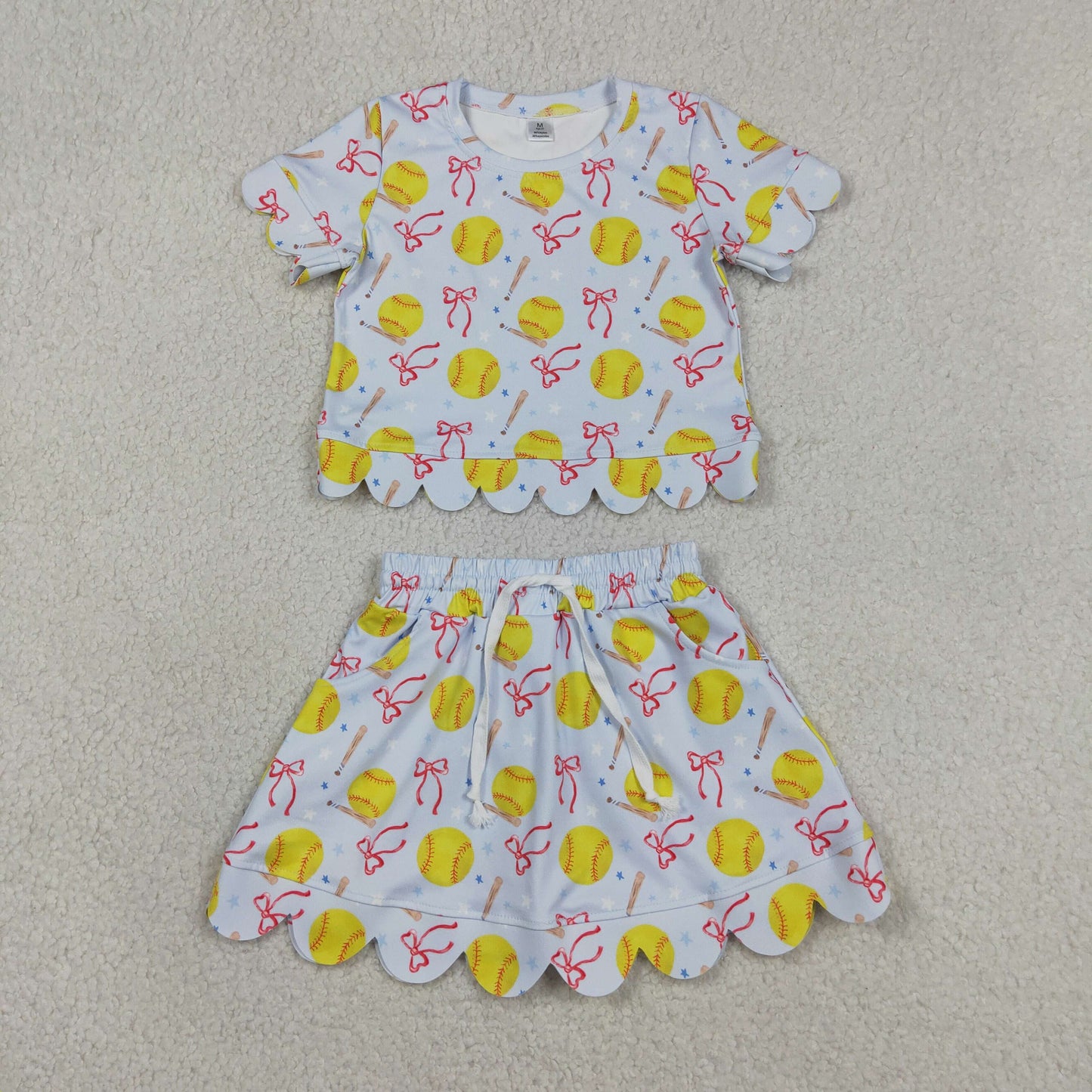 Baby Girls Kids Short Sleeves Softball Bows Shirt Shorts Skirt Yoga Active Clothes Set RTS