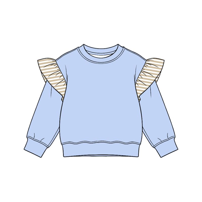 ( Moq 5 ) Preorder Baby Girls Toddler Ruffle Long Sleeves Blue Shirt Tops Clothes