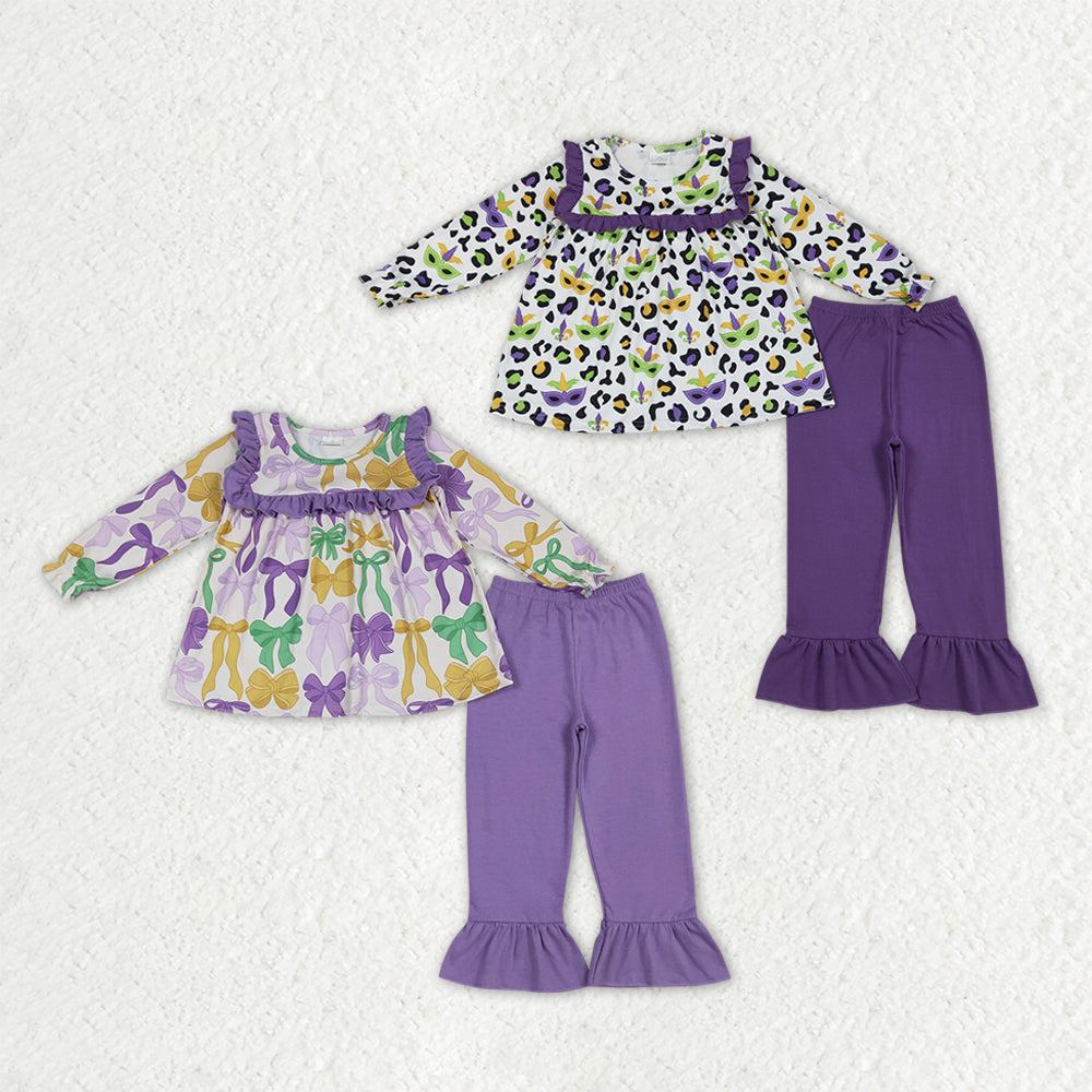 Sibling Baby Girls Long Sleeves Leopard Bows Tops Purple Pants Sets Mardi Gras Clothes RTS