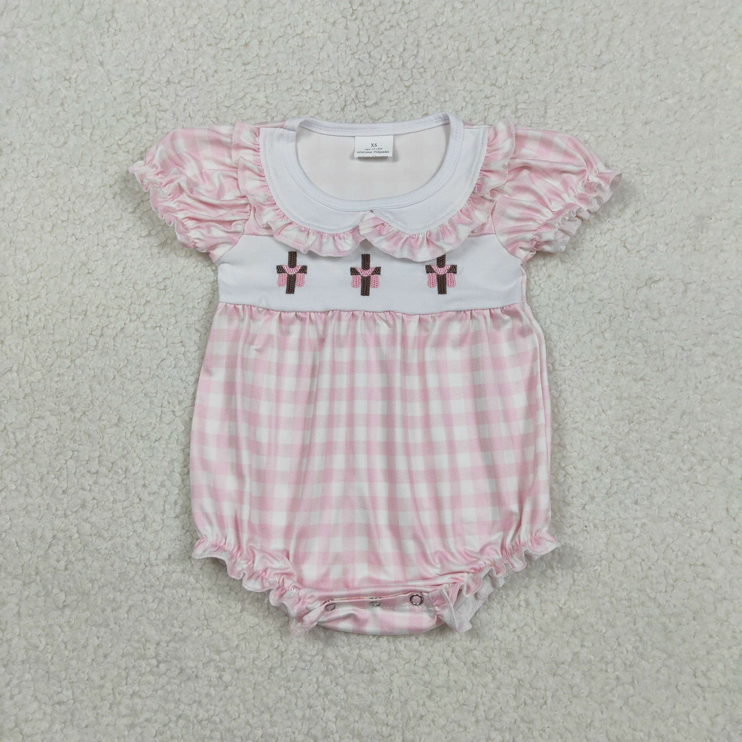 Sibling Baby Boys Kids Short Sleeves Embroidery Crosses Plaid Easter Rompers Dress RTS