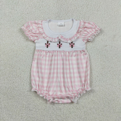Baby Girls Kids Short Sleeves Embroidery Crosses Plaid Easter Bubble Romper RTS