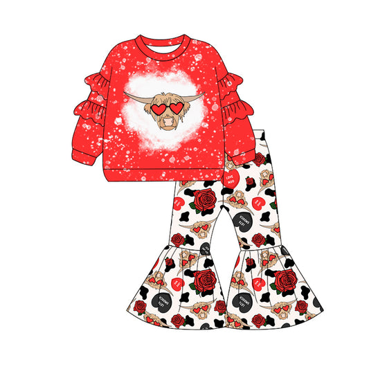 Baby Girl Red Long Sleeves Cow Shirt Hearts Pants Valentine's Day Clothes Set Moq 5