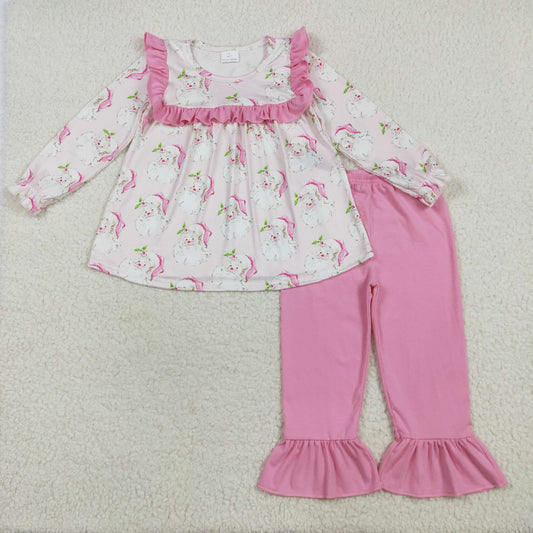 Baby Girl Long Sleeves Pink Santa Tunic Ruffle Pants Christmas Set RTS