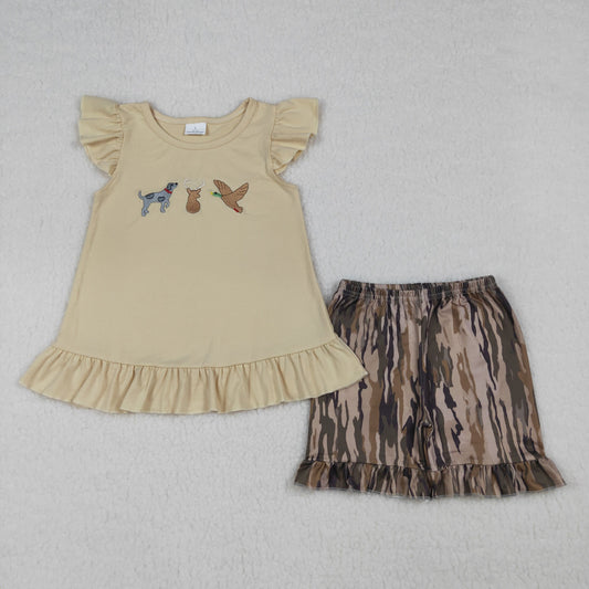 Baby Girls Kids Short Sleeves Embroidery Deer Dogs Duck Tops Camo Shorts Summer Clothes Set RTS