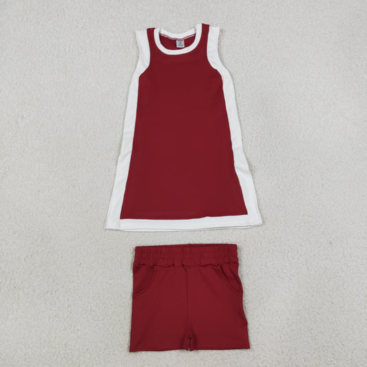 Baby Girls Kids Sleeveless Tops Dark Red Pockets Shorts Set Yoga Clothes RTS