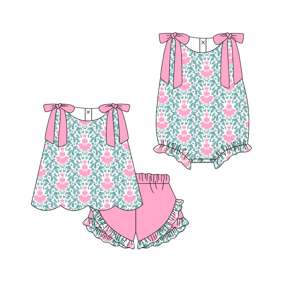 ( Moq 5 Each Style ) Sibling Baby Girls Kids Pink Bows Flower Tops Shorts Summer Set Romper