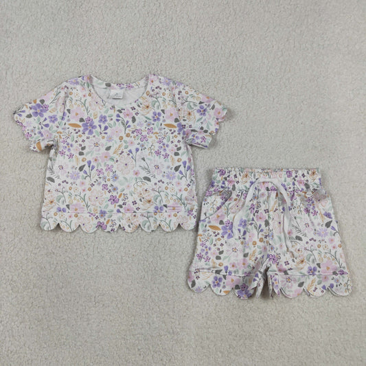 Baby Girls Toddler Short Sleeves Purple Flower Shirt Shorts Summer Set RTS
