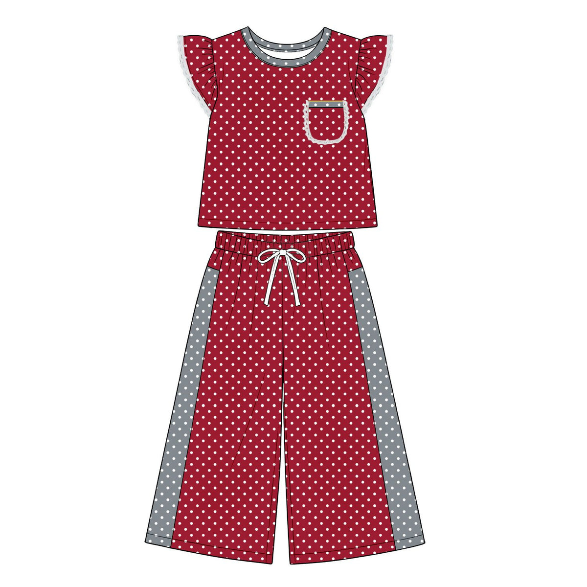 ( Moq 5 ) Preorder Baby Girls Kids Polka Dot‌s Pocket Tops Pants Red Set Clothes