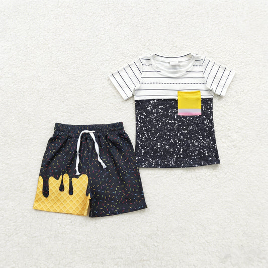 Baby Boys Kids Stripes Shirt Black Drip Pockets Shorts Back to School Set Clothes RTS