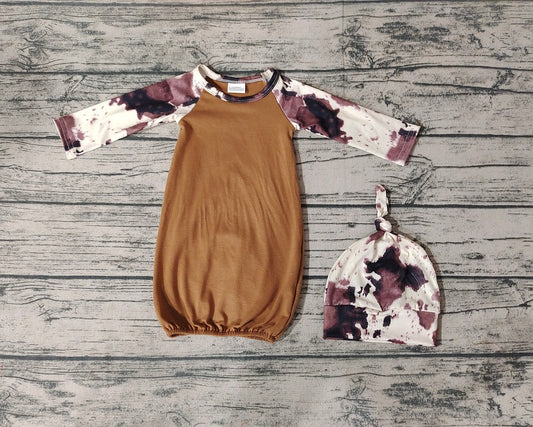 NB0023 Baby Girl Brown Cow Print Newborn Gown Romper